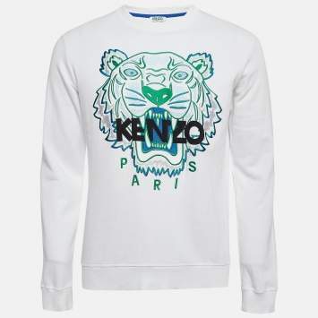 Pre Owned Kenzo White Logo Tiger Embroidered Cotton Sweatshirt S