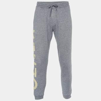 Pre Owned Kenzo Grey Melange Cotton Logo Detail Jogger Pants S