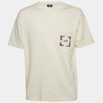 مملوكة مسبقًا Kith Beige Floral Logo Embroidered Jersey Pocket T-Shirt L