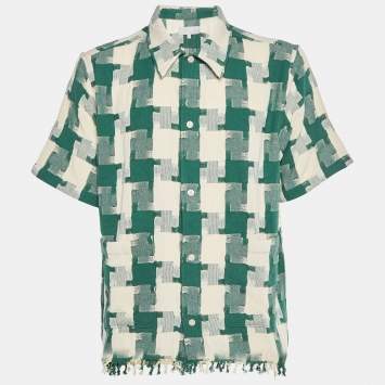 Pre Owned Kith Green/Cream Jumbo Houndstooth Canvas Short Sleeve Overshirt L