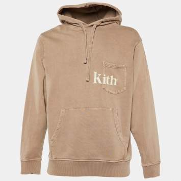 Pre Owned Kith Beige Cotton Knit Logo Print Pocket Detail Hoodie M
