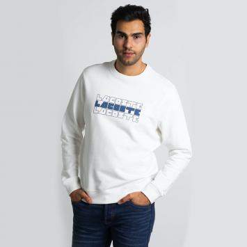 Pre Owned Lacoste White Crew Neck Lacoste Lettering Fleece Sweatshirt L (Available for UAE Customers Only)