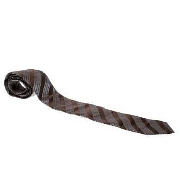 Pre Owned Lanvin Brown and Grey Diagonal Striped Silk Tie