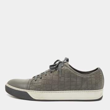 Pre Owned Lanvin Grey Croc Embossed Leather Low Top Sneakers Size 43