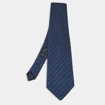 Pre Owned Lanvin Navy Blue Patterned Silk & Cotton Traditional Tie