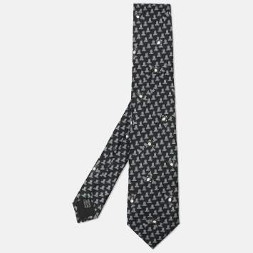 Pre Owned Lanvin Black/Blue Printed Silk Panda Motif Neck Tie