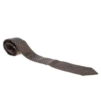 Pre Owned Lanvin Vintage Brown Diagonal Striped Embroidered Traditional Silk Tie