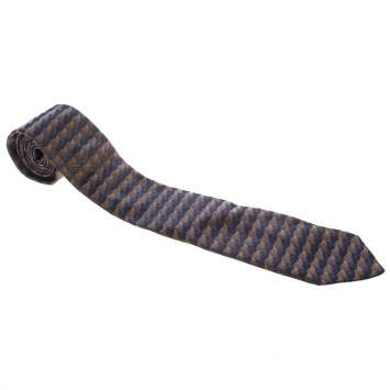 Pre Owned Lanvin Navy Blue and Brown Patterned Silk Jacquard Tie