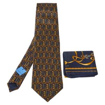 Pre Owned Lanvin Navy Blue Abstract Printed Silk Traditional Tie & Pocket Square