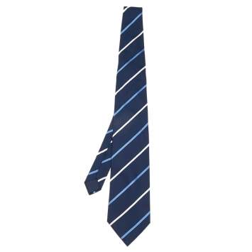 Pre Owned Lanvin Navy Blue Striped Silk Tie
