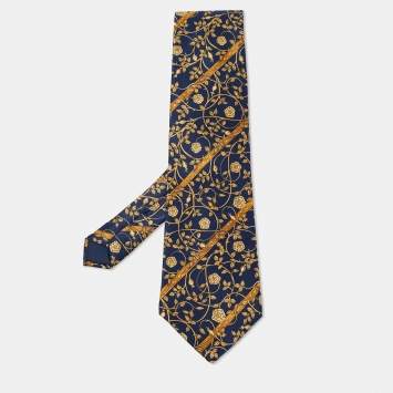 Pre Owned Lanvin Navy Blue/Gold Floral Print Silk Tie & Pocket Square Set