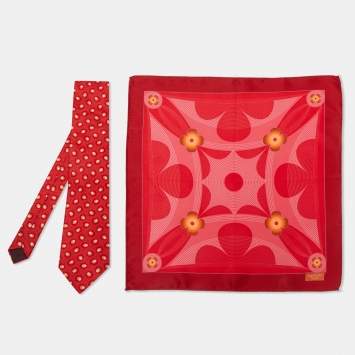 Pre Owned Lanvin Red Printed Silk Tie & Pocket Square