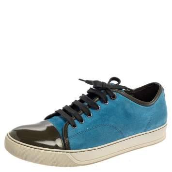 Pre Owned Lanvin Light Blue/Green Suede and Patent Leather Low Top Sneakers Size 42