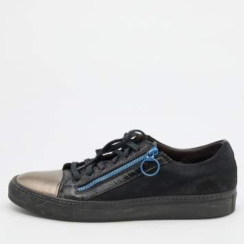 Pre Owned Lanvin Black/Silver Leather and Suede Low Top Sneakers Size 42