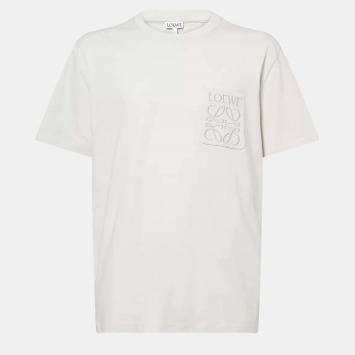 Pre Owned Loewe White Cotton Knit Logo Embroidered Pocket Detail T-Shirt XXL