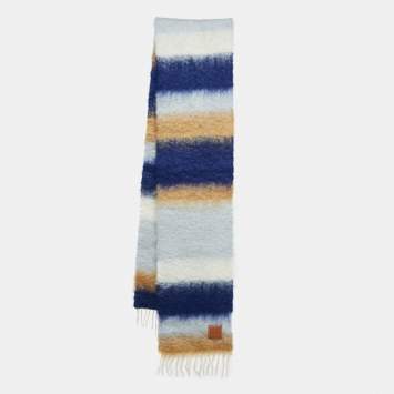 Pre Owned Loewe Blue/Brown Anagram Patch Striped Mohair Blend Tasseled Scarf 