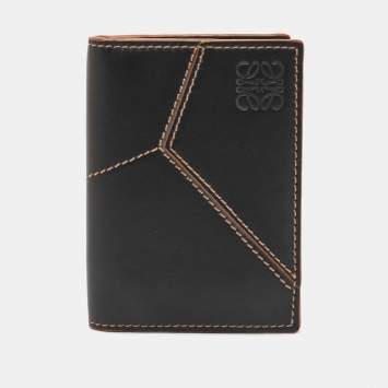 Pre Owned Loewe Black Leather Puzzle Stitch Bifold Card Holder 