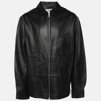 Pre Owned Loewe Black Leather Logo Embossed Zip Jacket M