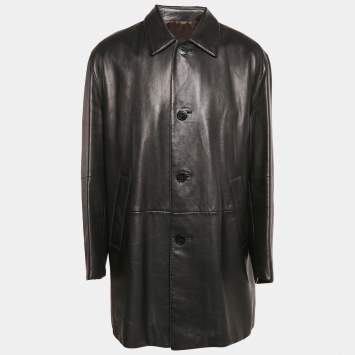 Pre Owned Loewe Black Leather Button Front Coat XXXL