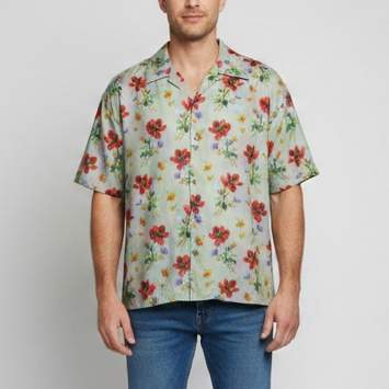 Pre Owned Loewe Green Floral Print Cotton and Silk Bowling Shirt M