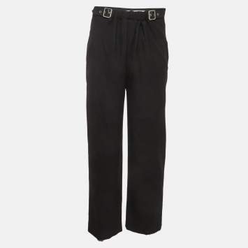 Pre Owned {"name": "Loewe Black Wool Leather Trim Pleated Belted Trousers S", "name_ar": "سروال مطوي بحزام وتشذيب من الجلد من لويفي صوف أسود مقاس صغير"}