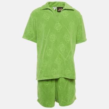 Pre Owned Loewe X Paula Ibiza Green Anagram Terry Cotton Shirt & Shorts Set M