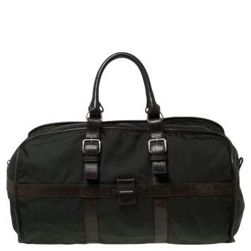 Pre Owned Longchamp Brown/Green Nylon and Leather Duffle Bag