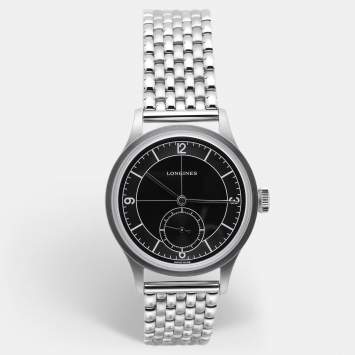 Longines Black Silver Stainless Steel Heritage L2.828.4.53.6 Men's Wristwatch 38 mm