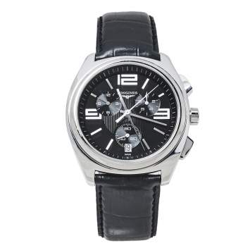 Pre Owned Longines Black Stainless Steel Leather LungoMare Quartz Chronograph Men's Wristwatch 42 MM