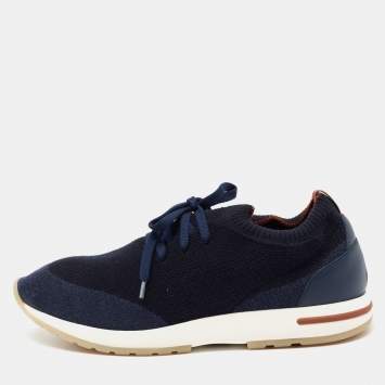 مملوكة مسبقًا Loro Piana Navy Blue Knit Fabric 360 LP Flexy Walk Low Top Sneakers Size 42