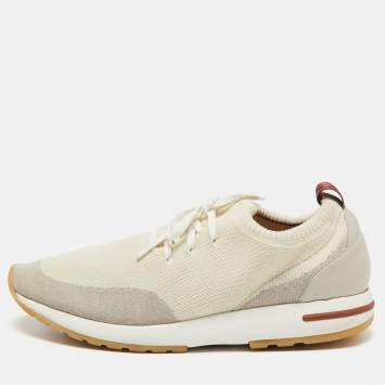 Pre Owned Loro Piana Cream/Grey Knit Fabric And Leather 360 Flexy Walk Low Top Sneakers Size 45 
