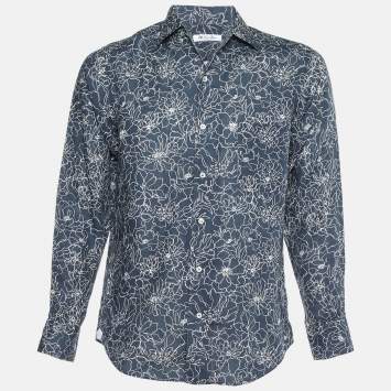 Pre Owned Loro Piana Blue Andre Floral Print Linen Buttoned-Up Shirt S