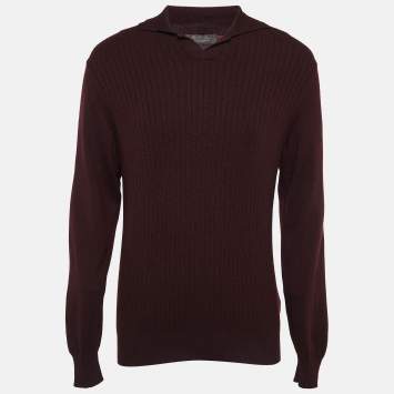 Pre Owned Loro Piana Burgundy Cashmere Knit Aspen Polo Sweatshirt L