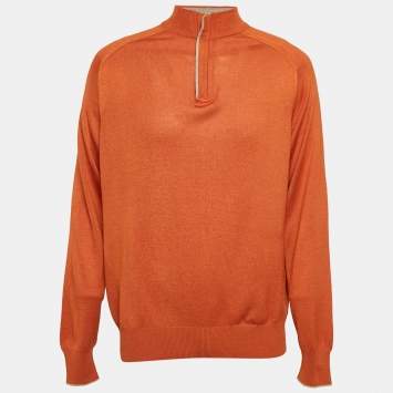 Pre Owned Loro Piana Orange Silk Knit Zip-Up Sweater XXXL