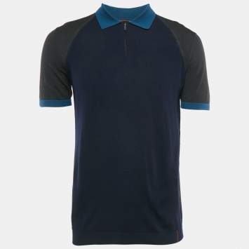 Pre Owned Loro Piana Navy Blue Wool Paneled Zip-Up Polo T-Shirt M