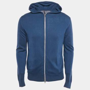 Pre Owned Loro Piana Blue Cashmere and Cotton Knit Hooded Leasure Bomber Jacket M