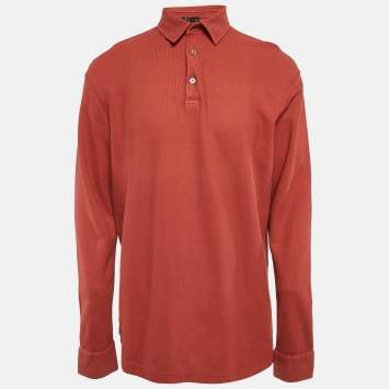 Pre Owned Loro Piana Rust Orange Cotton Pique Full Sleeve Polo T-Shirt XXXL