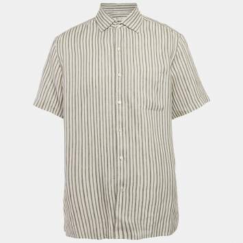Pre Owned Loro Piana Grey Stripe Linen Short Sleeve Shirt XL