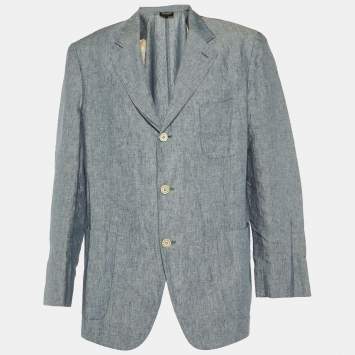 Loro Piana Blue Chambray Linen Button Front Jacket XL