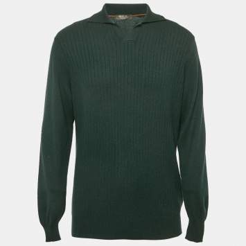 Pre Owned Loro Piana Dark Green Cashmere Knit Polo Aspen Sweater XXL