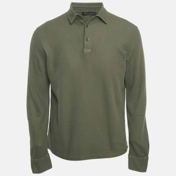 Pre Owned Loro Piana Olive Green Cotton Piqué Full Sleeve Polo T-Shirt M