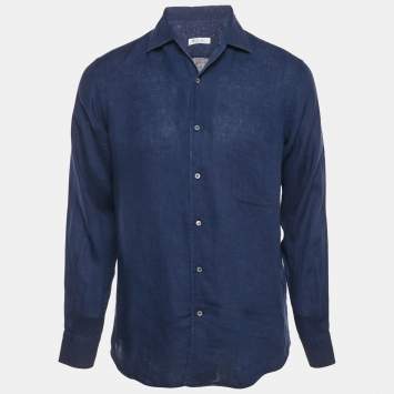 Pre Owned Loro Piana Navy Blue Linen Button Front Long Sleeve Shirt M
