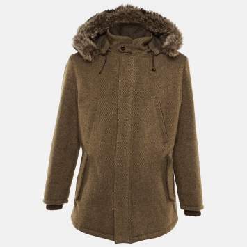 Pre Owned Loro Piana Brown Cashmere Fur Trim Storm System Coat L