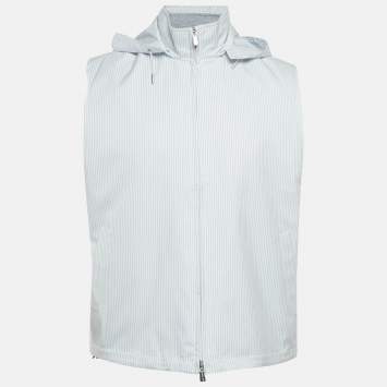 مملوكة مسبقًا جاكيت بلا أكمام لوورو بيانا مخطط أزرق قابل للعكس صناعي وكتان مقاس متوسط