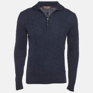 Pre Owned Loro Piana Blue Cable Cashmere Knit Half Zipper Sweater L