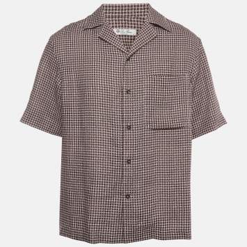 مملوكة مسبقًا Loro Piana Brown/White Checked Linen Bowling Shirt M