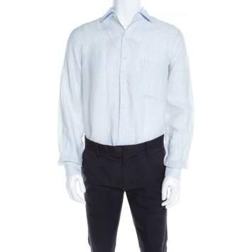 Pre Owned Loro Piana Pale Blue Striped Button Front Andre Linen Shirt M
