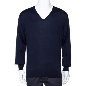 Pre Owned Loro Piana Navy Blue Cashmere V-Neck Sweater XL