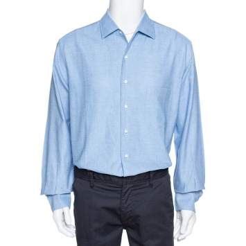 Pre Owned Loro Piana Blue Textured Cotton Long Sleeve Shirt XXL