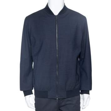 Pre Owned Loro Piana Navy Blue Wool Storm System Bomber Jacket XL